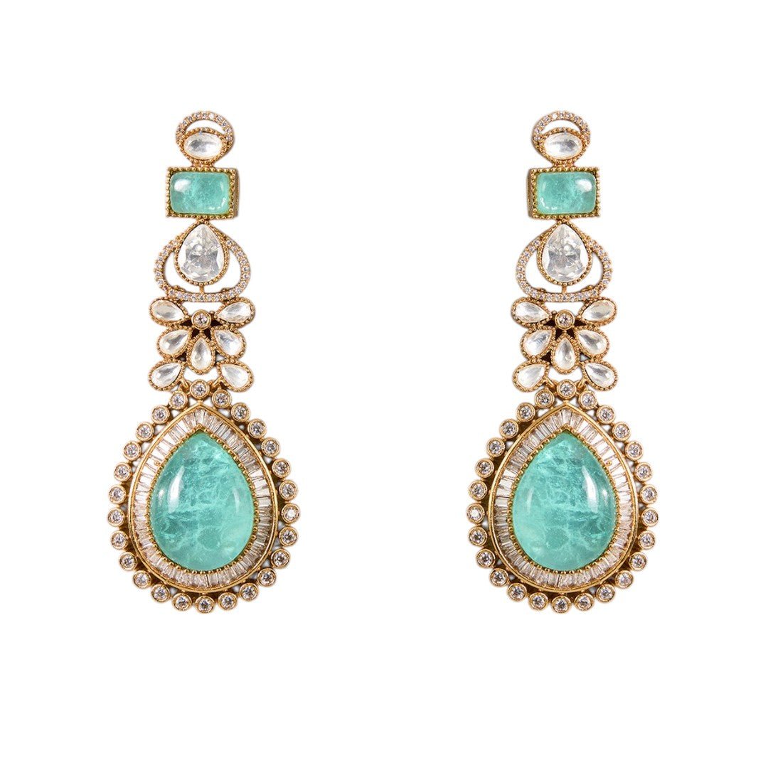 Elegant turquoise & pearl choker necklace with matching earrings by Auraa Trends – bridal jewelry, festive, ships worldwide