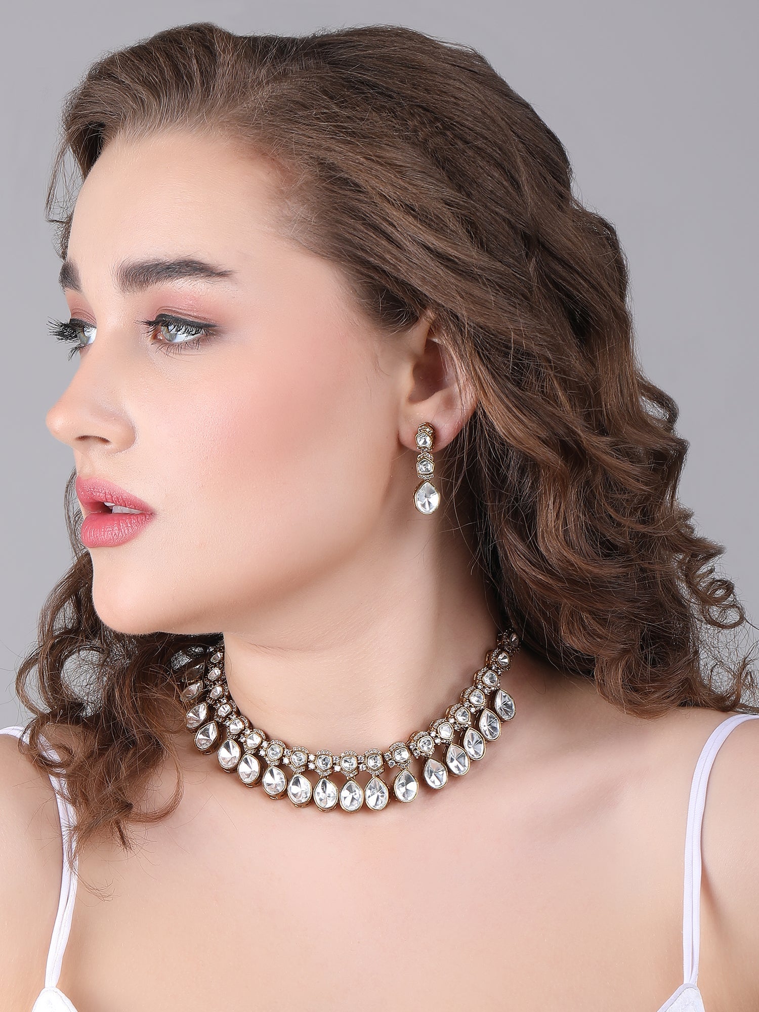 Elegant White Polki Choker Necklace Set - Auraa Trends - Choker - # - Auraa Trends - Elegant White Polki Choker Necklace Set