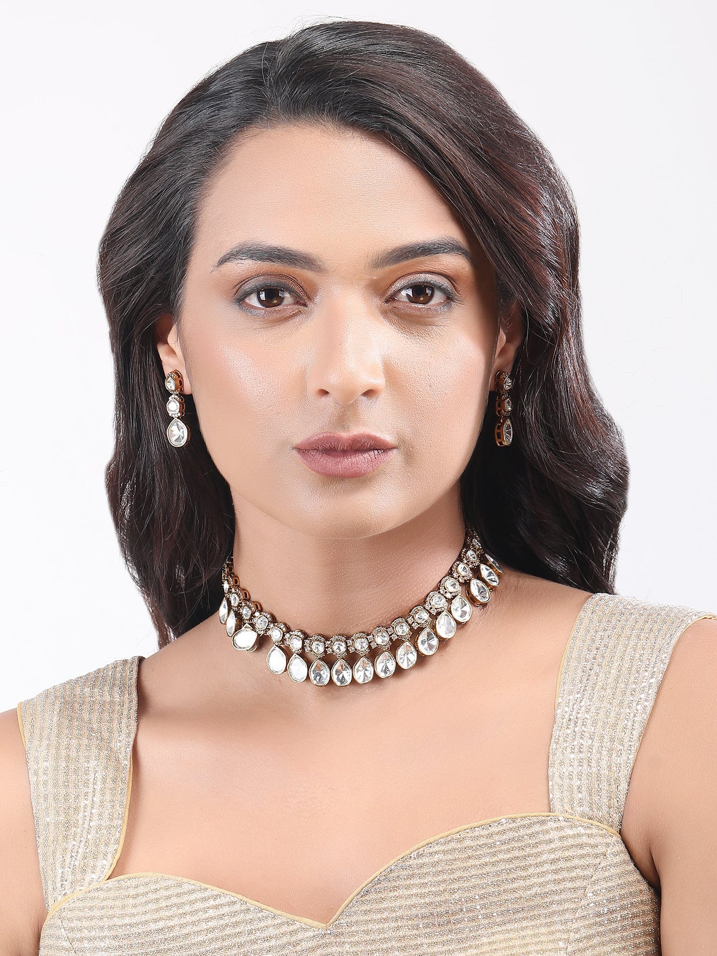 Elegant White Polki Choker Necklace Set - Auraa Trends - Choker - # - Auraa Trends - Elegant White Polki Choker Necklace Set