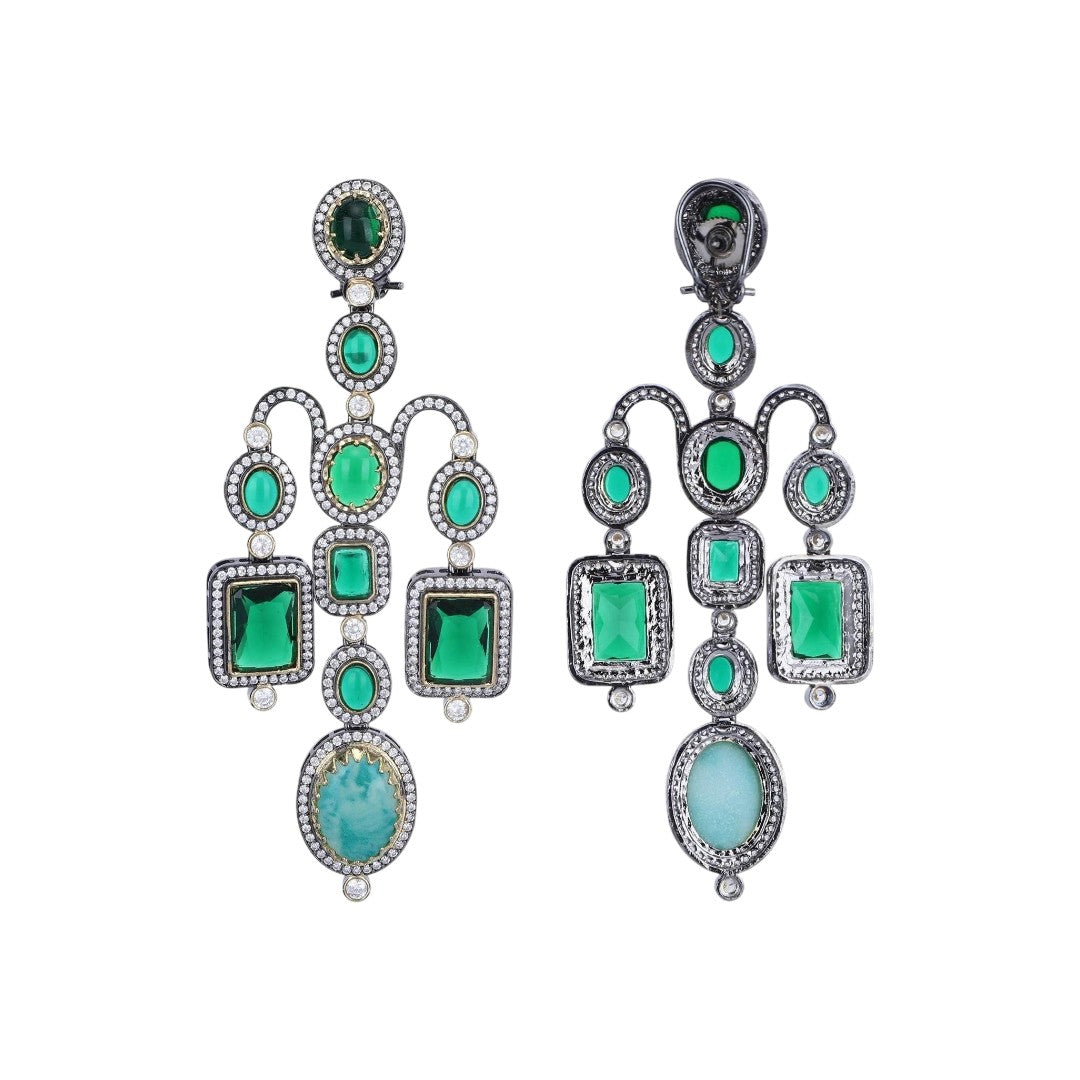 Emerald green Victorian chandelier earrings with kundan zircon stonework and oxidised finish