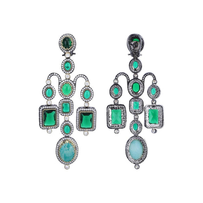Emerald green Victorian chandelier earrings with kundan zircon stonework and oxidised finish