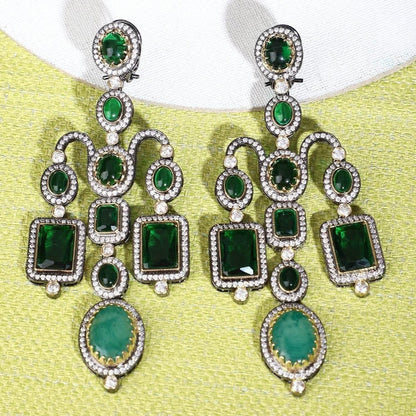 Emerald green Victorian chandelier earrings with kundan zircon stonework and oxidised finish