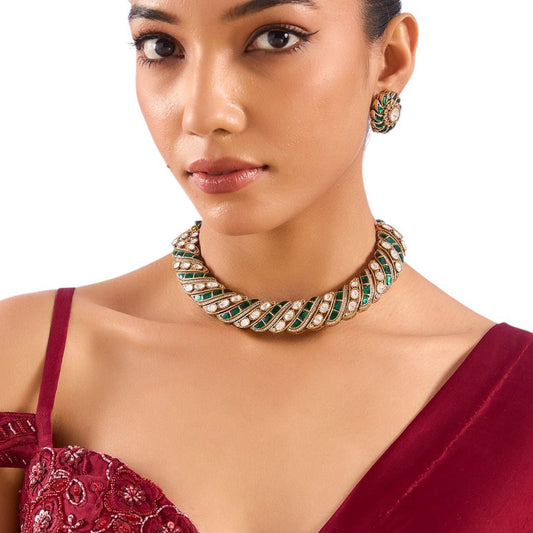 Emerald and CZ Bold Spiral Choker Necklace Set with Stud Earrings - Auraa Trends - Choker - Emerald choker necklace, spiral