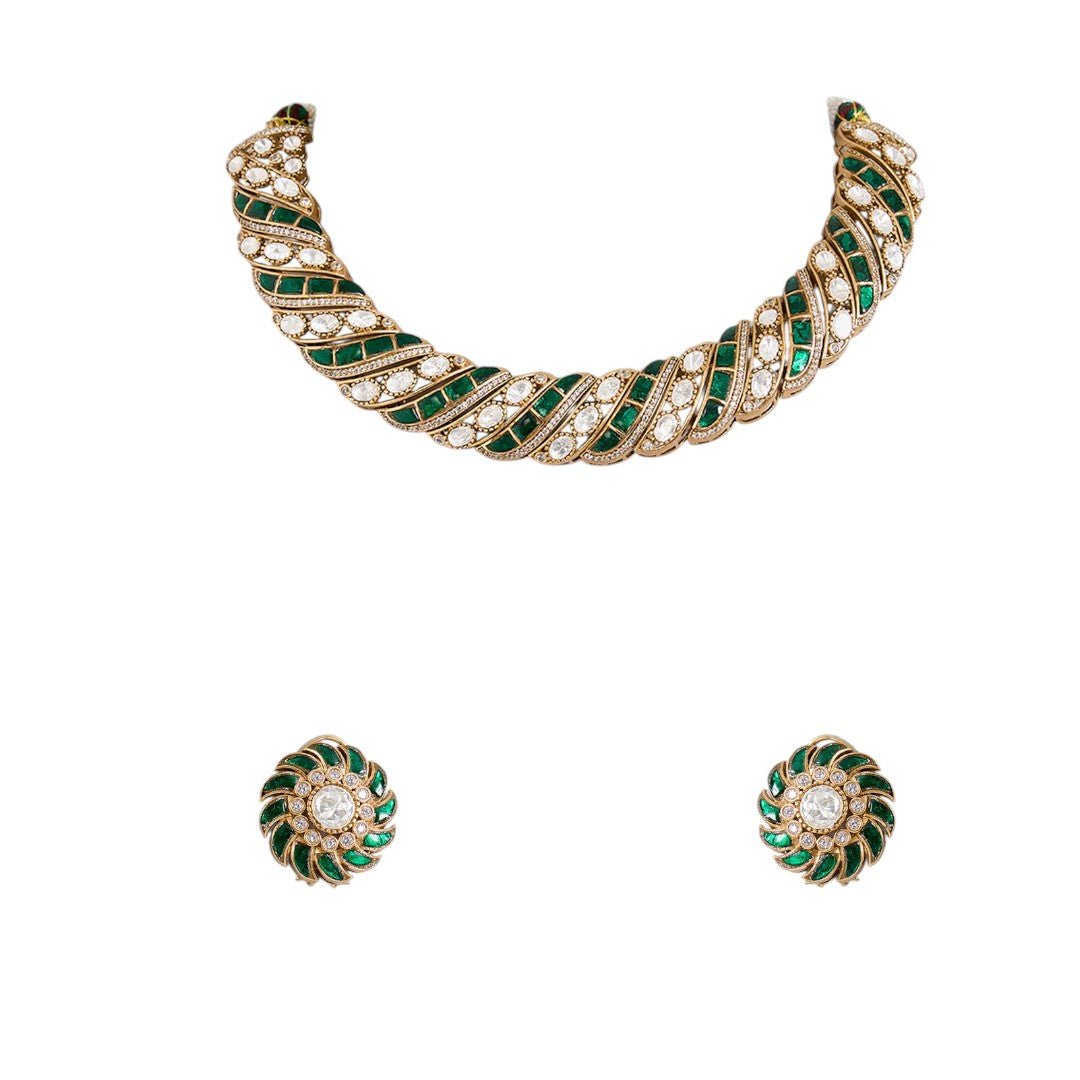 Emerald and CZ Bold Spiral Choker Necklace Set with Stud Earrings - Auraa Trends - Choker - Emerald choker necklace, spiral