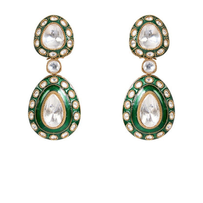 Emerald Green &amp; Kundan Pearl Bridal Necklace Set - Auraa Trends - Necklace - Antique gold bridal jewelry Ethnic Earrings