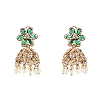 Emerald Green Beaded Choker Necklace Set with Gold - Plated Floral Jhumka Earrings - Auraa Trends - Necklace Set -  - Auraa Trends - Emerald Green Beaded Choker Necklace Set with Gold - Plated Floral Jhumka Earrings