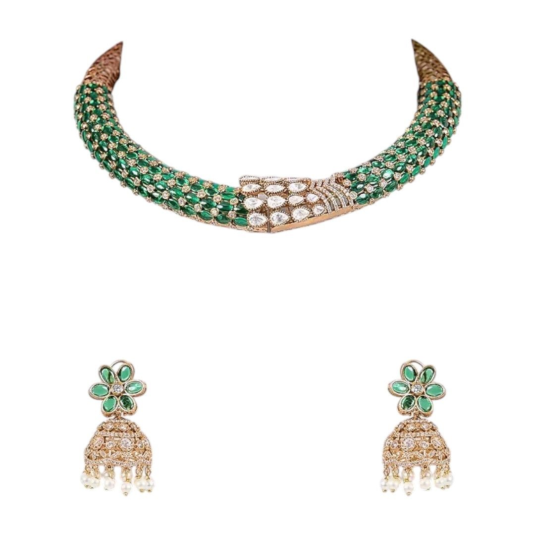 Emerald Green Beaded Choker Necklace Set with Gold - Plated Floral Jhumka Earrings - Auraa Trends - Necklace Set -  - Auraa Trends - Emerald Green Beaded Choker Necklace Set with Gold - Plated Floral Jhumka Earrings