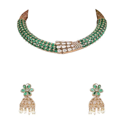 Emerald Green Beaded Choker Necklace Set with Gold - Plated Floral Jhumka Earrings - Auraa Trends - Necklace Set -  - Auraa Trends - Emerald Green Beaded Choker Necklace Set with Gold - Plated Floral Jhumka Earrings