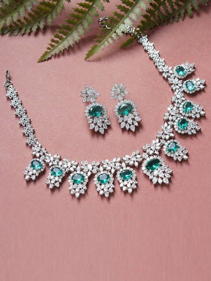 Emerald Green & Diamond Look Necklace and Earrings Set - Auraa Trends - Necklace - Emerald Green & Diamond Look Necklace