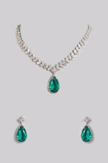 Emerald Green Drop Diamond Necklace with Earrings - Auraa Trends - Necklace Set -  - Auraa Trends - Emerald Green Drop Diamond Necklace with Earrings
