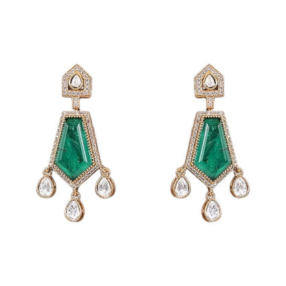 Emerald Green Kundan Long Pendant Necklace Set with Gold - Plated Drop Earrings - Auraa Trends - Necklace Set -  - Auraa Trends - Emerald green long pendant necklace set with gold - plated kundan detailing and drop earrings – handcrafted Indian ethnic jewelry for weddings and festive wear"