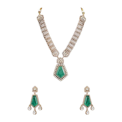 Emerald Green Kundan Long Pendant Necklace Set with Gold - Plated Drop Earrings - Auraa Trends - Necklace Set -  - Auraa Trends - Emerald green long pendant necklace set with gold - plated kundan detailing and drop earrings – handcrafted Indian ethnic jewelry for weddings and festive wear"