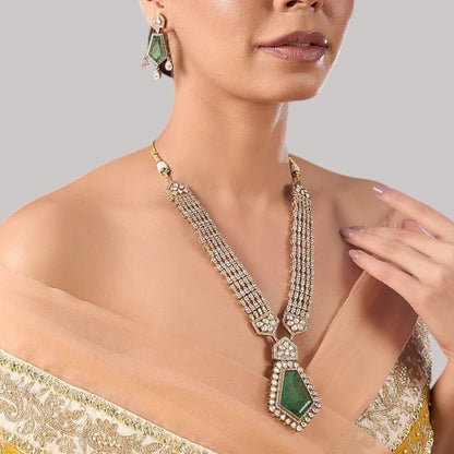 Emerald Green Kundan Long Pendant Necklace Set with Gold - Plated Drop Earrings - Auraa Trends - Necklace Set -  - Auraa Trends - Emerald green long pendant necklace set with gold - plated kundan detailing and drop earrings – handcrafted Indian ethnic jewelry for weddings and festive wear"