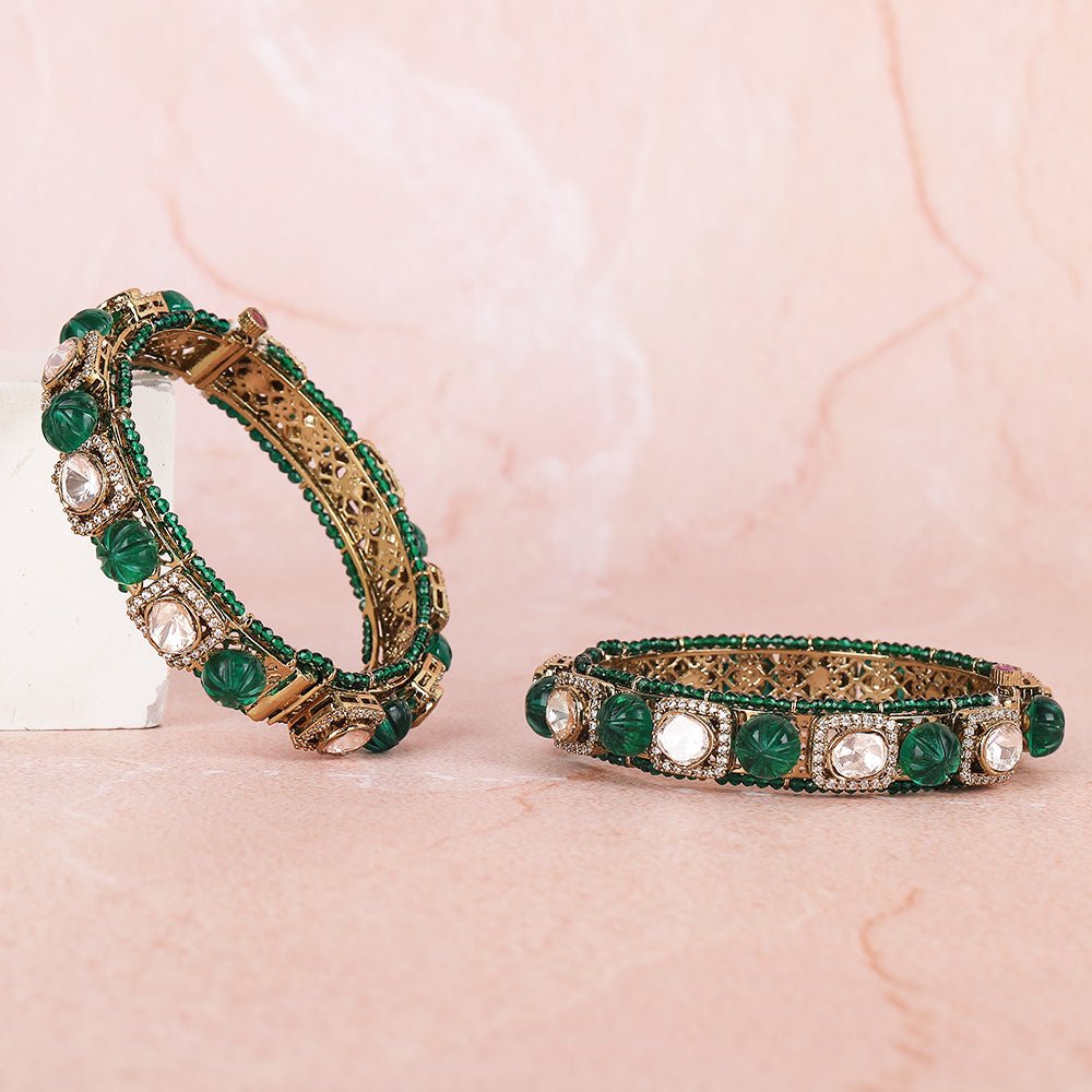 Emerald Green Moissanite Gold - Plated Bangle Set - Auraa Trends - Bangles- Emerald Green Moissanite Gold - Plated Bangle Set