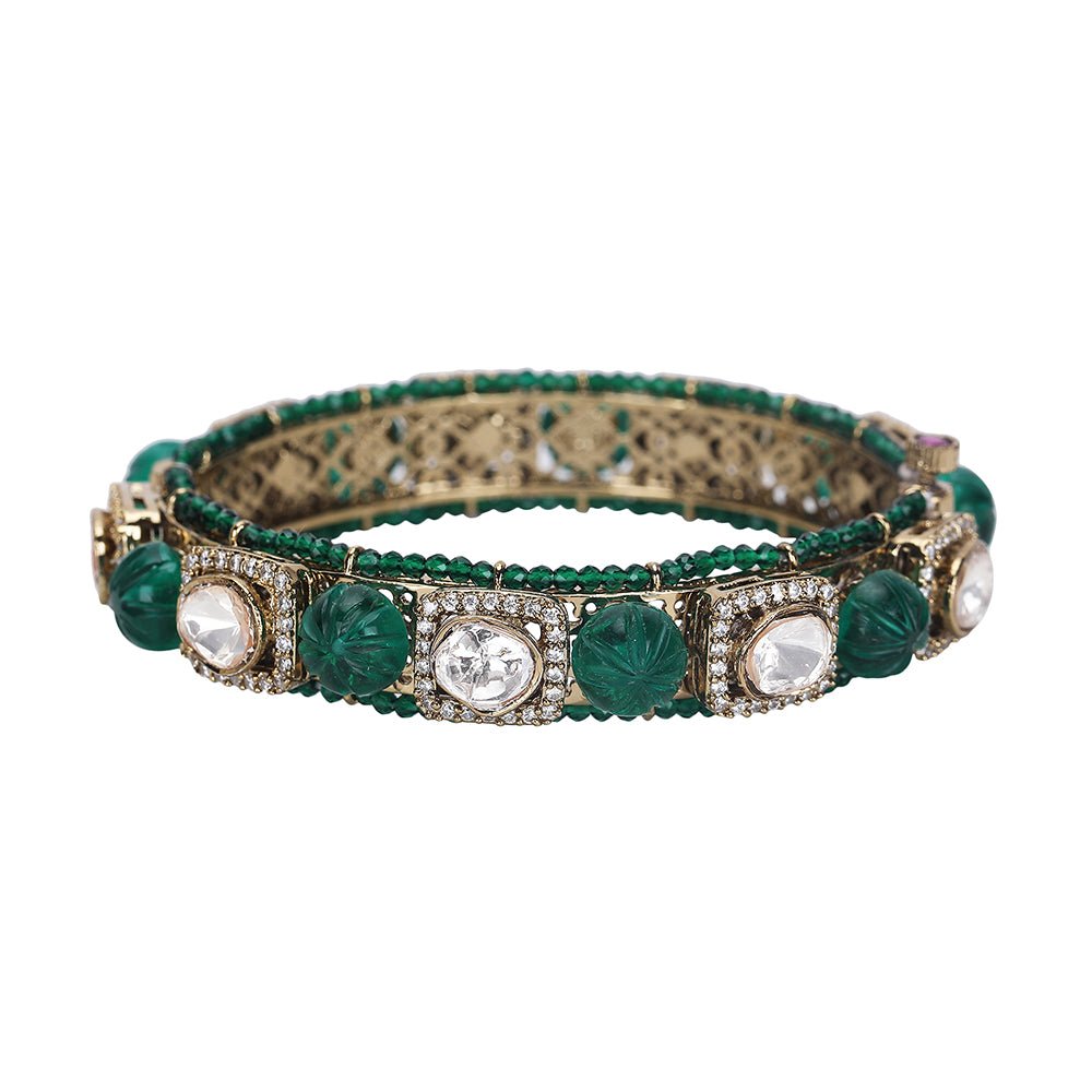 Emerald Green Moissanite Gold - Plated Bangle Set - Auraa Trends - Bangles- Emerald Green Moissanite Gold - Plated Bangle Set