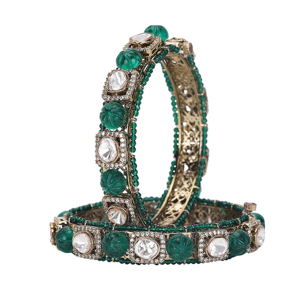 Emerald Green Moissanite Gold - Plated Bangle Set - Auraa Trends - Bangles- Emerald Green Moissanite Gold - Plated Bangle Set