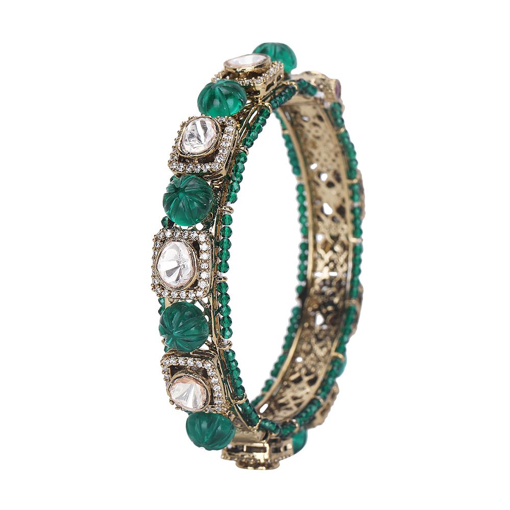 Emerald Green Moissanite Gold - Plated Bangle Set - Auraa Trends - Bangles- Emerald Green Moissanite Gold - Plated Bangle Set