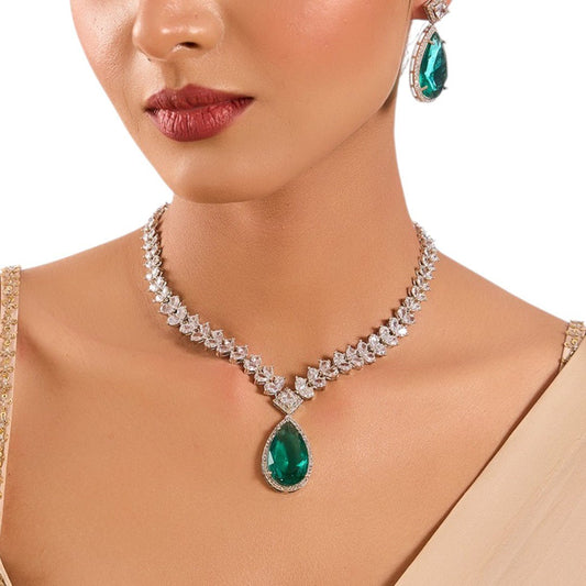 Emerald Teardrop Diamond - Cut Necklace Set in Silver Finish - Auraa Trends - Necklaces set, Wedding reception jewelry set