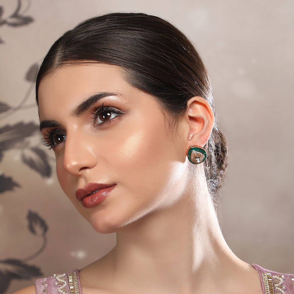 Emerald Teardrop Stud Earrings with Polki Accents - Auraa Trends - Studs - Buy Teardrop Stud Earrings with Polki Accents