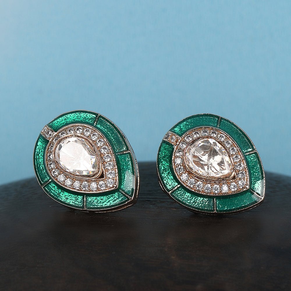 Emerald Teardrop Stud Earrings with Polki Accents - Auraa Trends - Studs - Emerald Teardrop Stud Earrings with Polki Accents