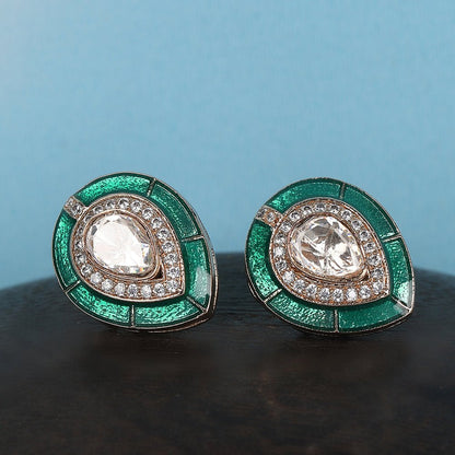 Emerald Teardrop Stud Earrings with Polki Accents - Auraa Trends - Studs - Emerald Teardrop Stud Earrings with Polki Accents