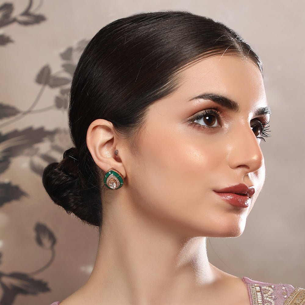 Emerald Teardrop Stud Earrings with Polki Accents - Auraa Trends - Studs - Buy Stud Earrings with Polki Accents