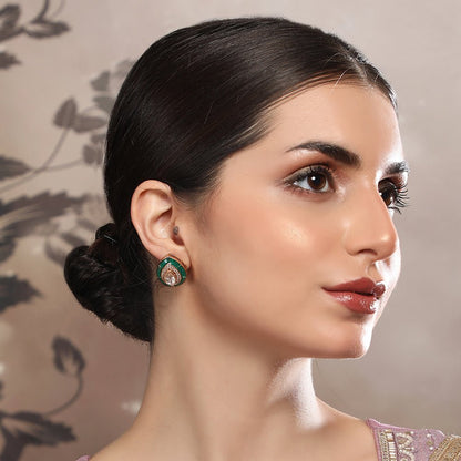 Emerald Teardrop Stud Earrings with Polki Accents - Auraa Trends - Studs - Buy Stud Earrings with Polki Accents