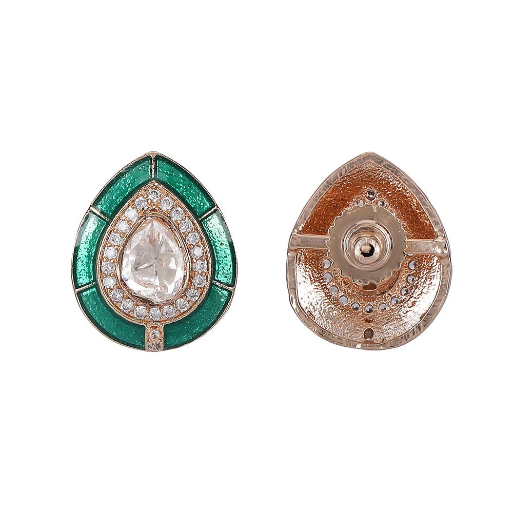 Emerald Teardrop Stud Earrings with Polki Accents - Auraa Trends - Studs - Emerald Teardrop Stud Earrings with Polki Accents