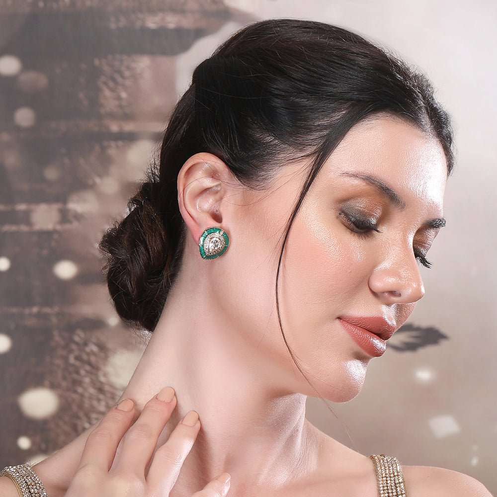 Emerald Teardrop Stud Earrings with Polki Accents - Auraa Trends - Studs - Emerald Teardrop Stud Earrings with Polki Accents