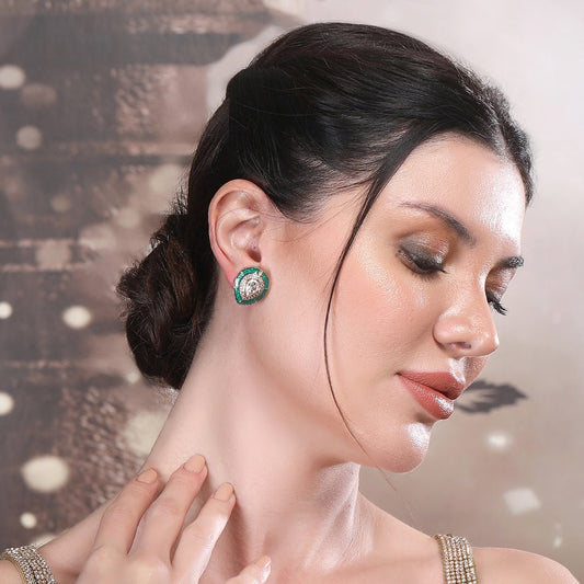Emerald Teardrop Stud Earrings with Polki Accents - Auraa Trends - Studs - Emerald Teardrop Stud Earrings with Polki Accents