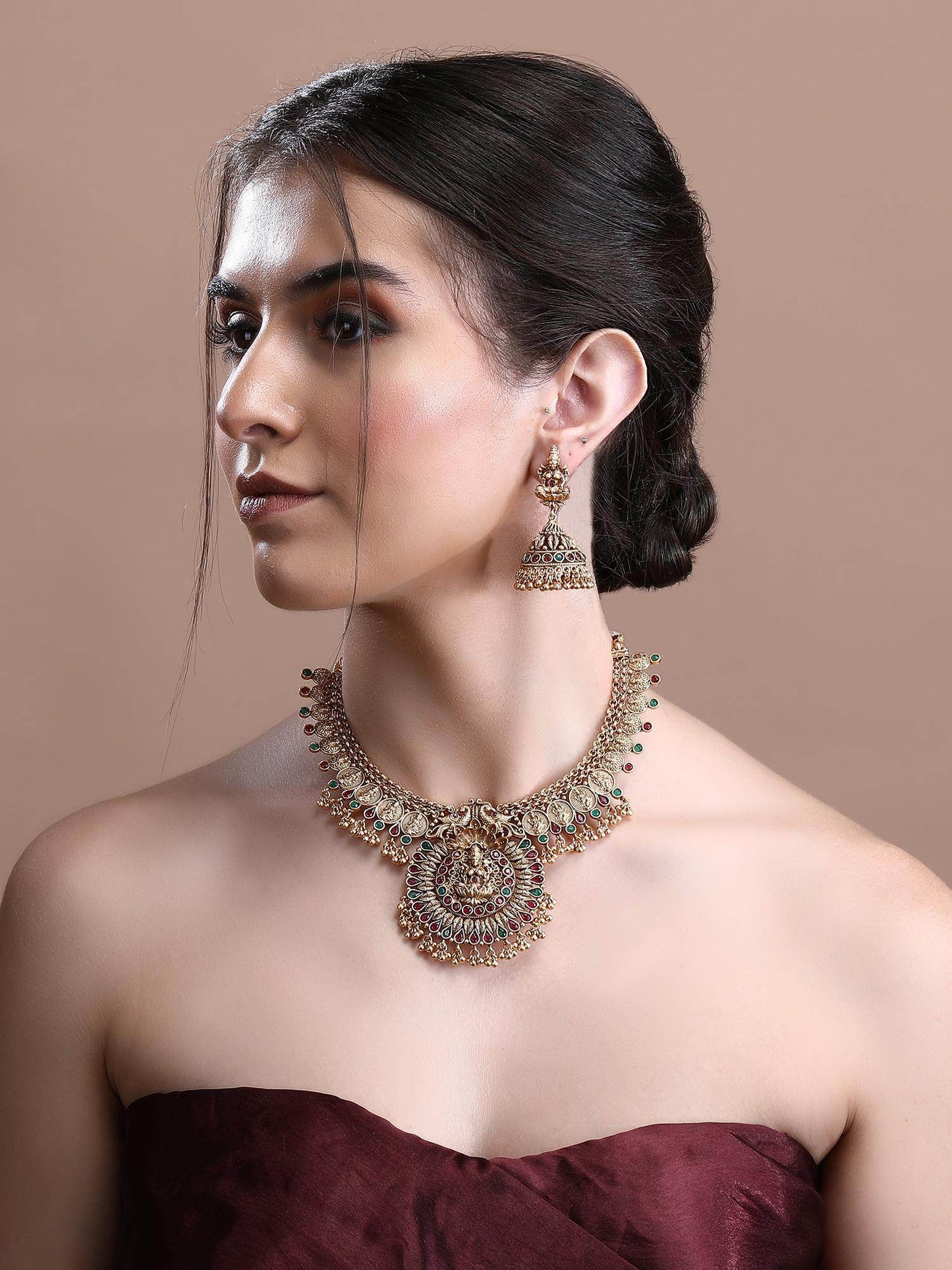 Enchanting 22KT Gold Plated Kundan Red and Green Necklace Set - Auraa Trends