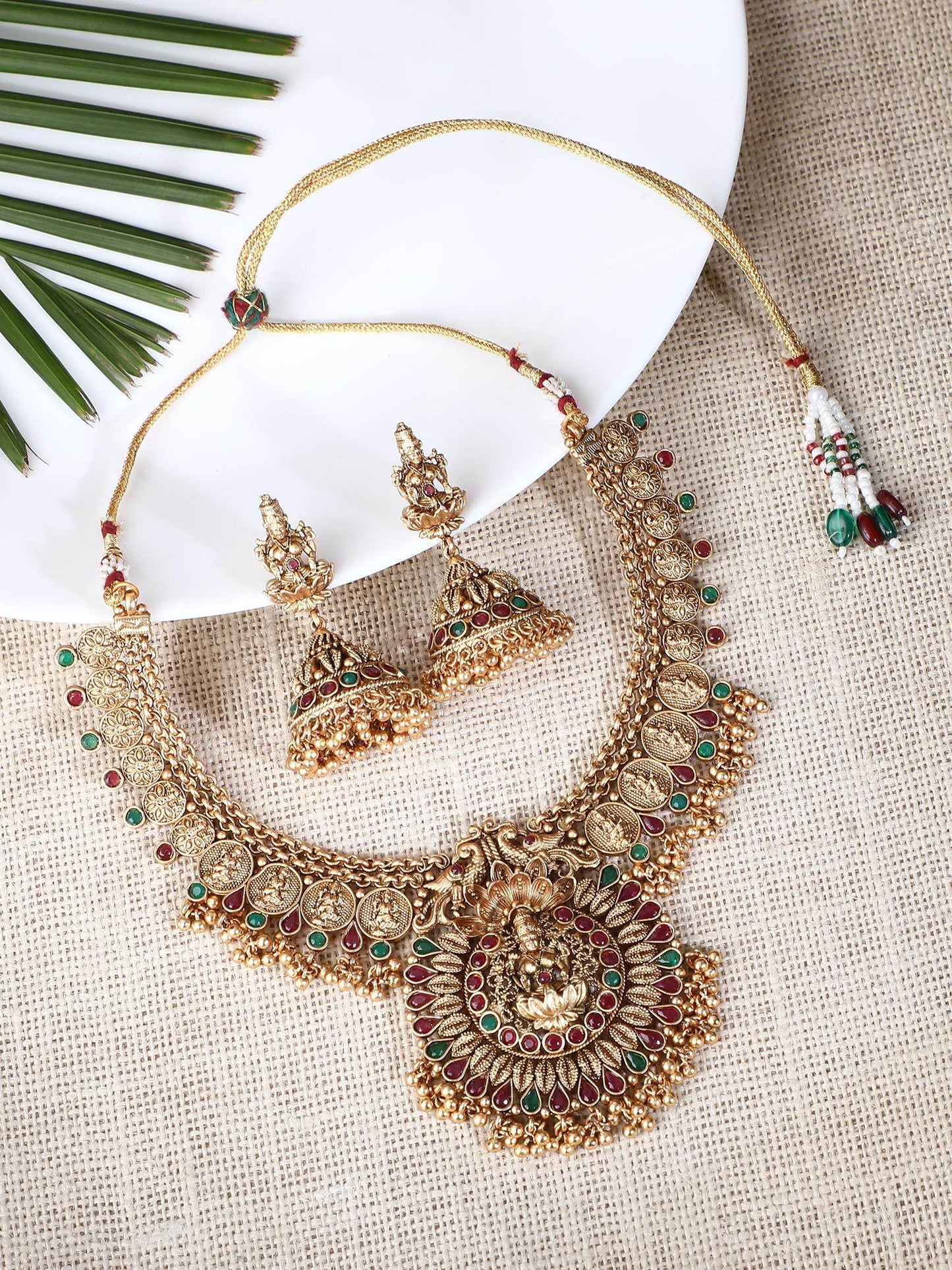 Enchanting 22KT Gold Plated Kundan Red and Green Necklace Set - Auraa Trends