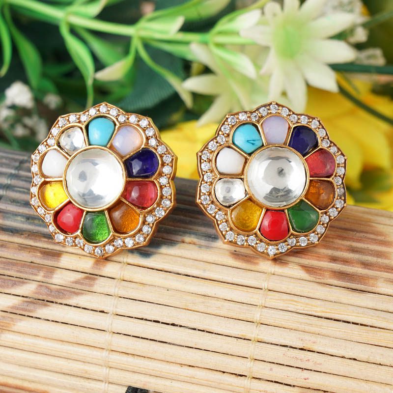 Enchanting Kundan Navratna Stud Earrings - Auraa Trends - Studs - # - Auraa Trends - Enchanting Kundan Navratna Stud Earrings