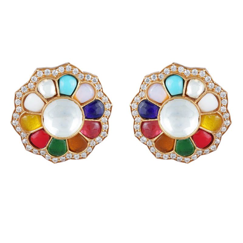 Enchanting Kundan Navratna Stud Earrings - Auraa Trends - Studs - # - Auraa Trends - Enchanting Kundan Navratna Stud Earrings