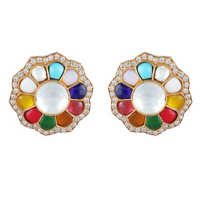 Enchanting Kundan Navratna Stud Earrings - Auraa Trends - Studs - # - Auraa Trends - Enchanting Kundan Navratna Stud Earrings