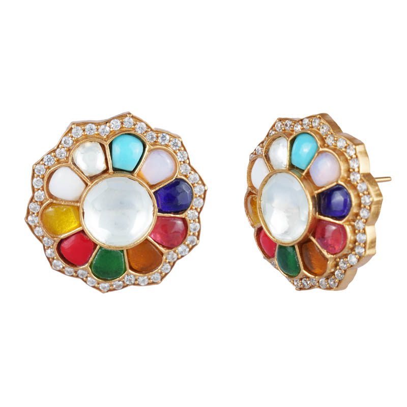 Enchanting Kundan Navratna Stud Earrings - Auraa Trends - Studs - # - Auraa Trends - Enchanting Kundan Navratna Stud Earrings