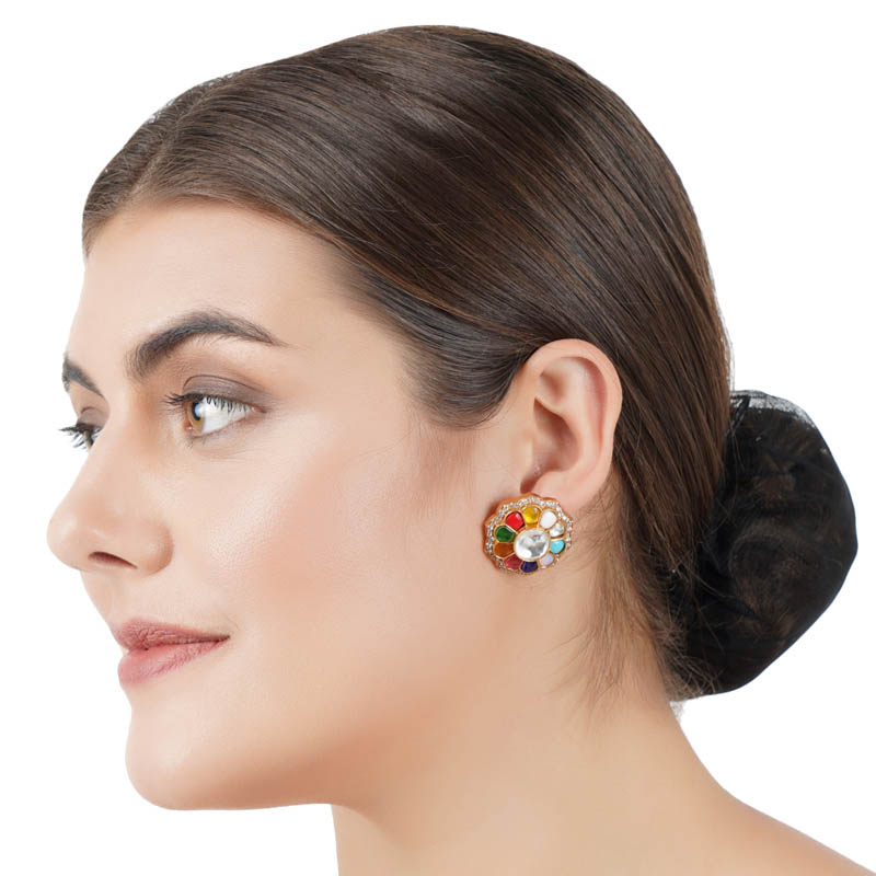 Enchanting Kundan Navratna Stud Earrings - Auraa Trends - Studs - # - Auraa Trends - Enchanting Kundan Navratna Stud Earrings