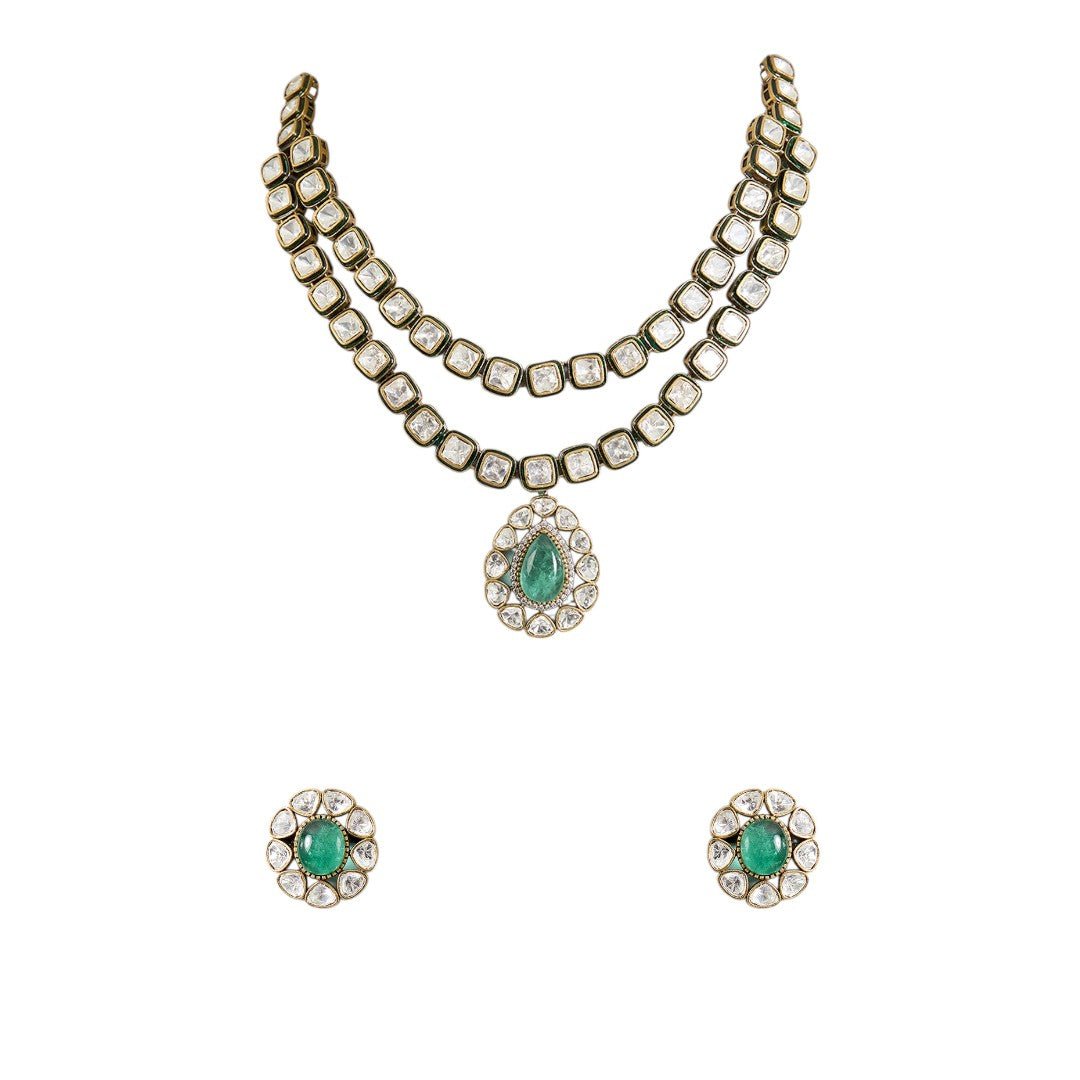 Exquisite Double - Layer Kundan Necklace Set with Emerald Pendant - Auraa Trends - necklace - # - Auraa Trends - Lightweight &amp; comfortable fit Perfect for festive &amp; bridal occasions