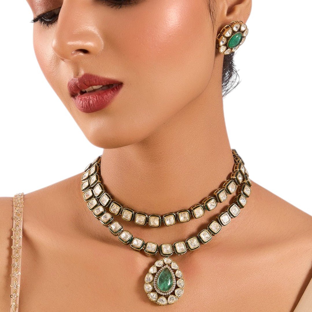 Exquisite Double - Layer Kundan Necklace Set with Emerald Pendant - Auraa Trends - necklace - # - Auraa Trends - Lightweight &amp; comfortable fit Perfect for festive &amp; bridal occasions