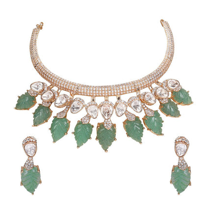 Exquisite Gold - Plated Choker Necklace Set with Green Leaf Motifs - Auraa Trends - Choker - Buy 22KT Gold - Plated Necklace
