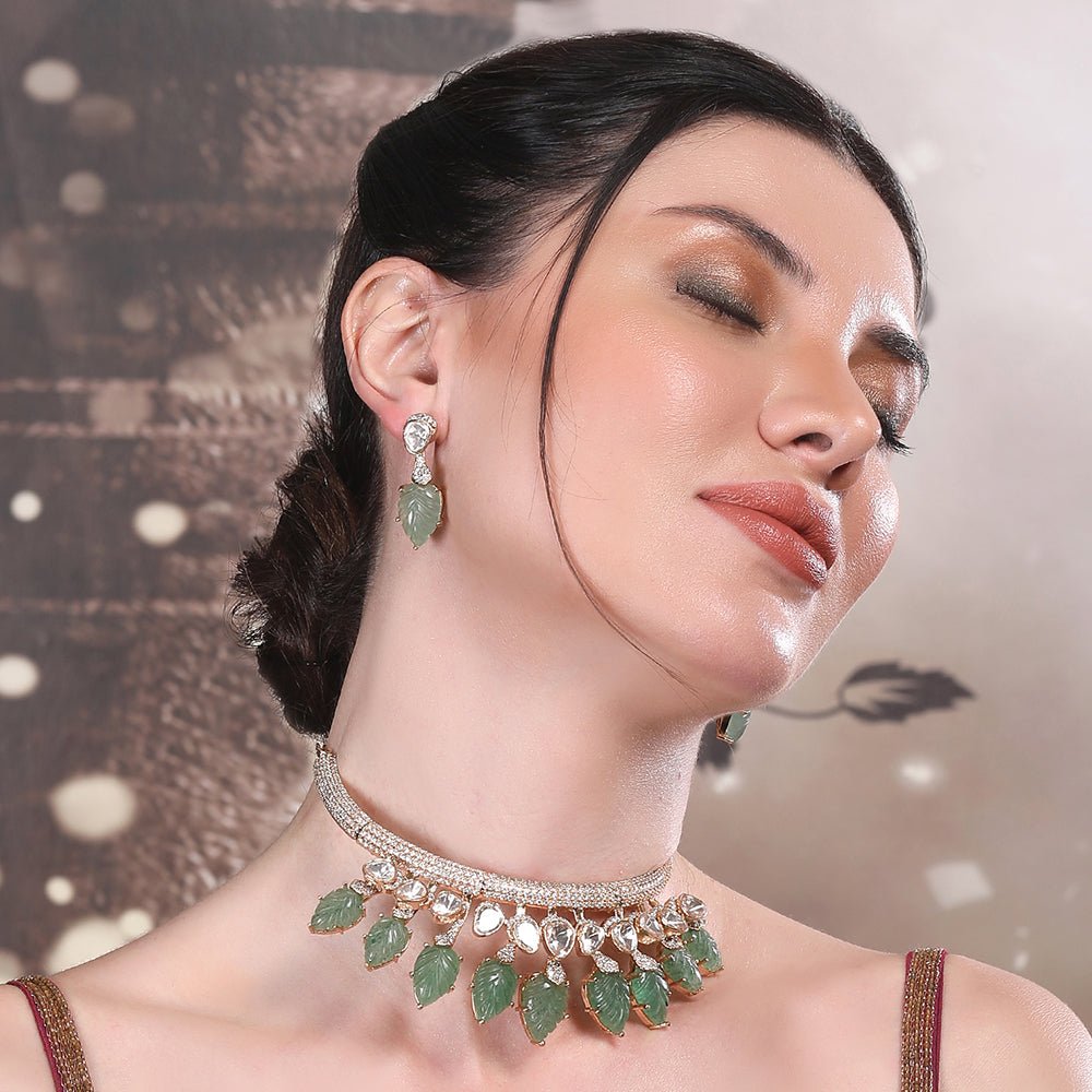 Exquisite Gold - Plated Choker Necklace Set with Green Leaf Motifs - Auraa Trends - Choker - Buy 22KT Gold - Plated Necklace