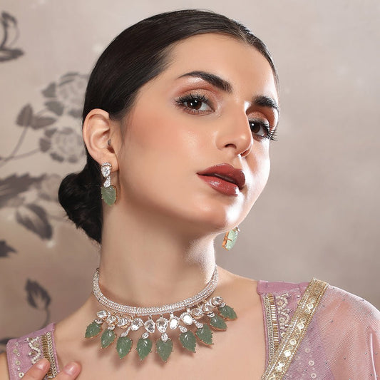 Exquisite Gold - Plated Choker Necklace Set with Green Leaf Motifs - Auraa Trends - Choker - Buy 22KT Gold - Plated Necklace