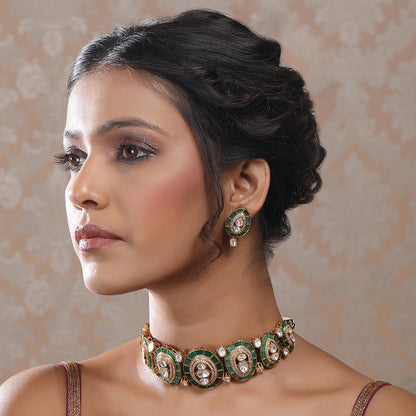 exquisite green and gold Choker necklace set, complemented by matching earrings - Auraa Trends - Choker - Buy necklace set