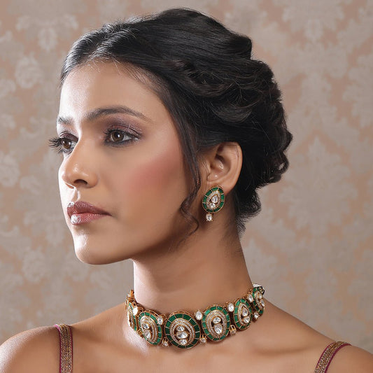 exquisite green and gold Choker necklace set, complemented by matching earrings - Auraa Trends - Choker - Buy necklace set
