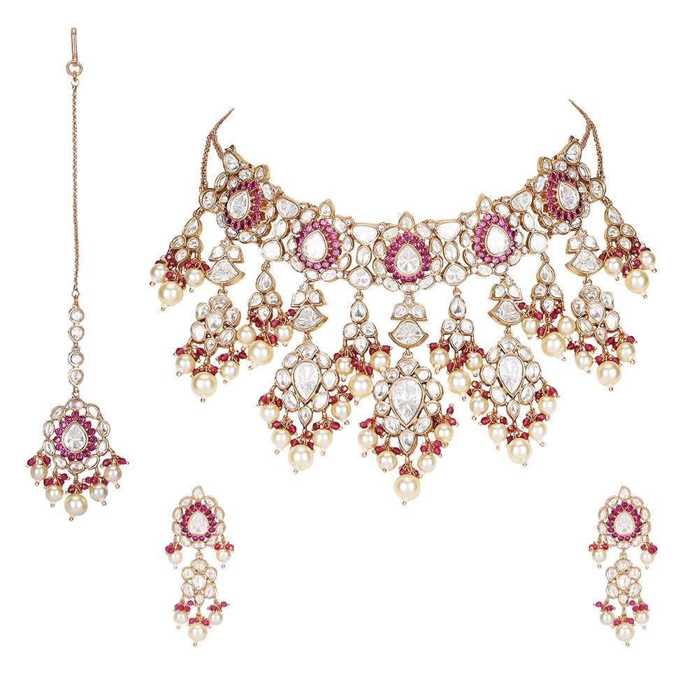 Exquisite Kundan & Pearl Bridal Jewelry Set - Auraa Trends - Necklace Set - Exquisite Kundan & Pearl Bridal Jewelry Set