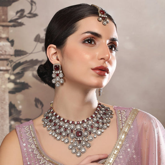 Exquisite Ruby and Polki Bridal Necklace Set with Earrings - Auraa Trends - Necklace Set - Buy Exquisite Ruby Necklace Set