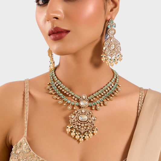 Turquoise and pearl choker necklace with matching earrings by Auraa Trends – bridal jewelry, festive wear, ships worldwide