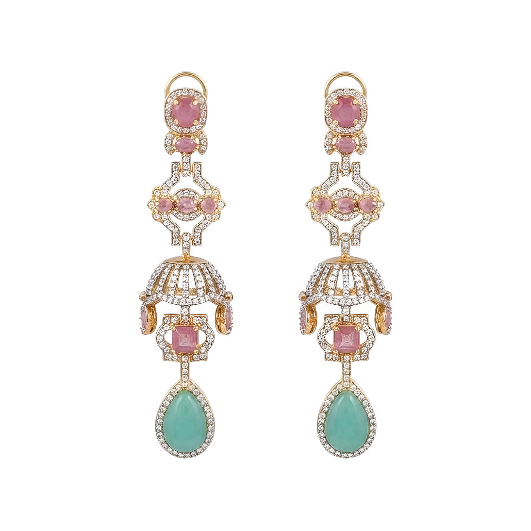 "Long gold-tone jhumka chandelier earrings with pink stones, CZ detailing, and green teardrop stone drop, front-facing pair