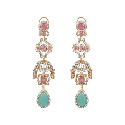 "Long gold-tone jhumka chandelier earrings with pink stones, CZ detailing, and green teardrop stone drop, front-facing pair