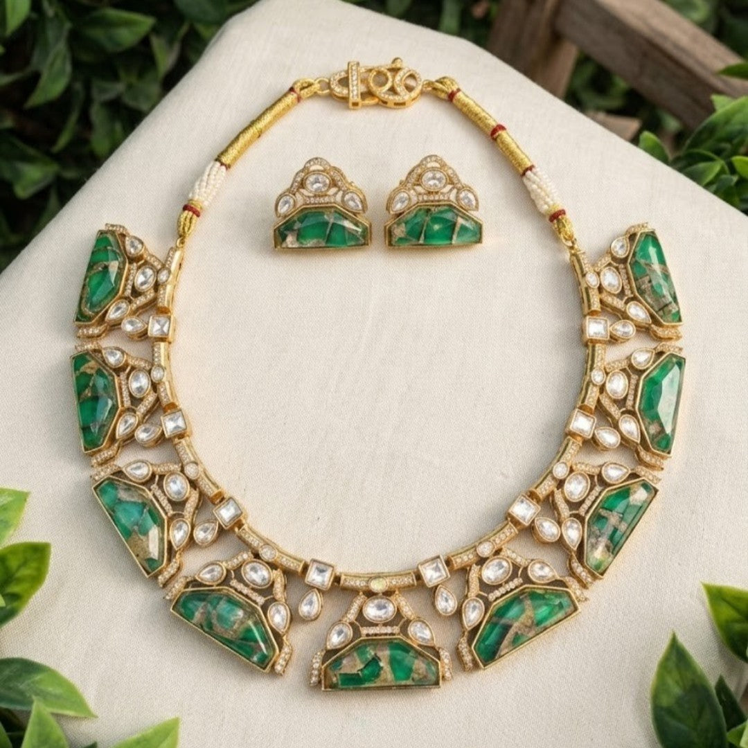 Green Stone Kundan Choker Necklace Set with Earrings for Women